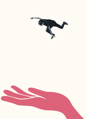 The image is an illustration of a hand stretched out to catch someone who is falling